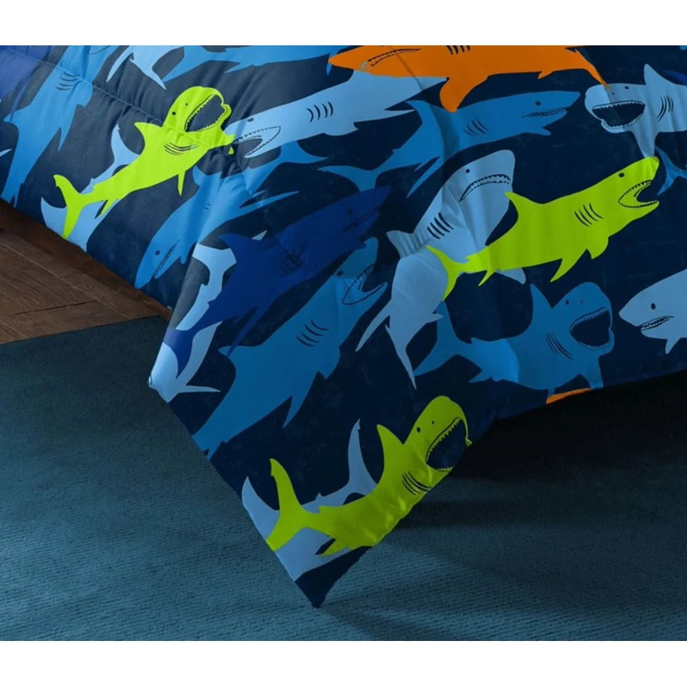 Kids Shark Adventure Full Bed In A Bag Set With Comforter Decorative Pillow 8 Piece Microfiber Bedding - Happy Home Retreat