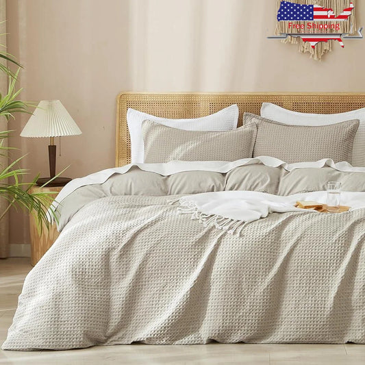Ultra Soft Breathable Waffle Weave Duvet Cover Set Queen 3 Piece Comforter Cover All Season Durable Machine Washable - Happy Home Retreat