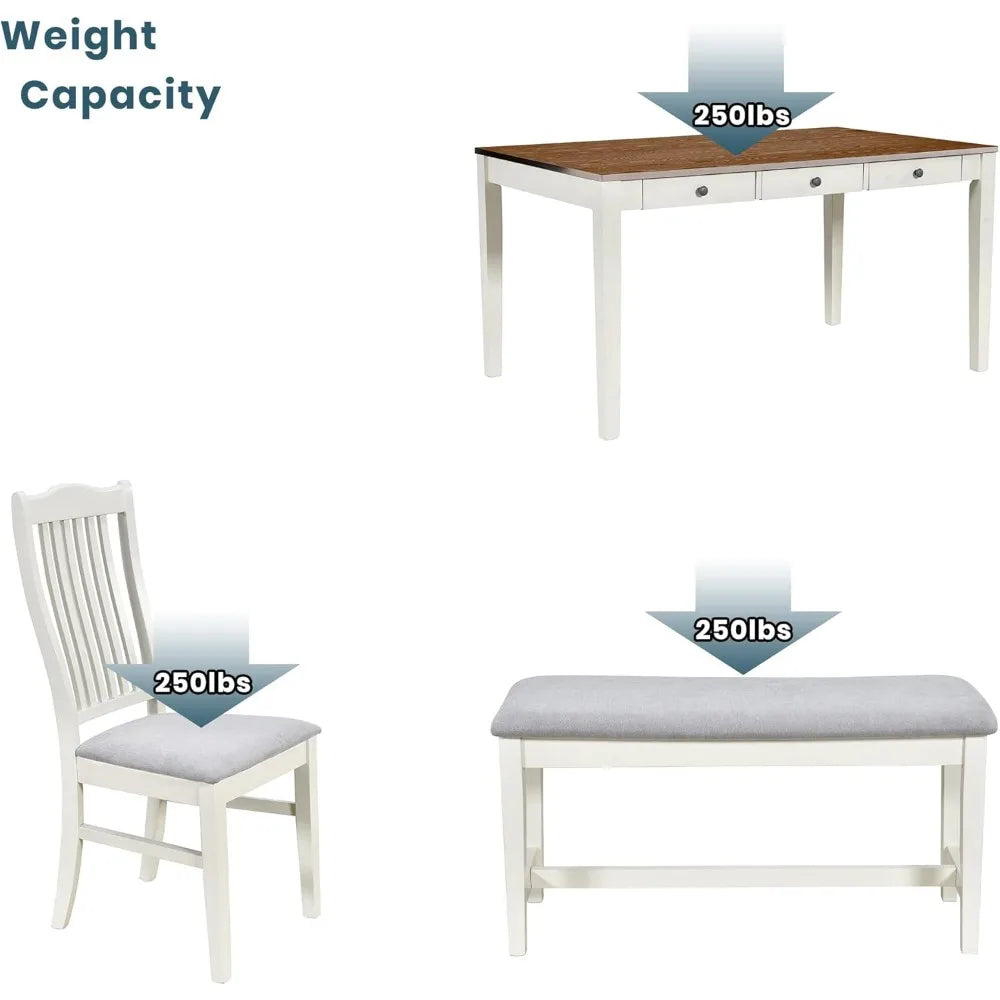6 Piece Solid Wood Dining Table Set with 4 Upholstered Chairs Bench and Storage Drawers Butter Milk - Happy Home Retreat