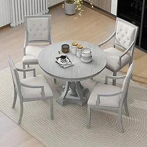 Extendable Dining Table Set for 4 with Upholstered Chairs Solid Wood Farmhouse Kitchen Furniture - Happy Home Retreat