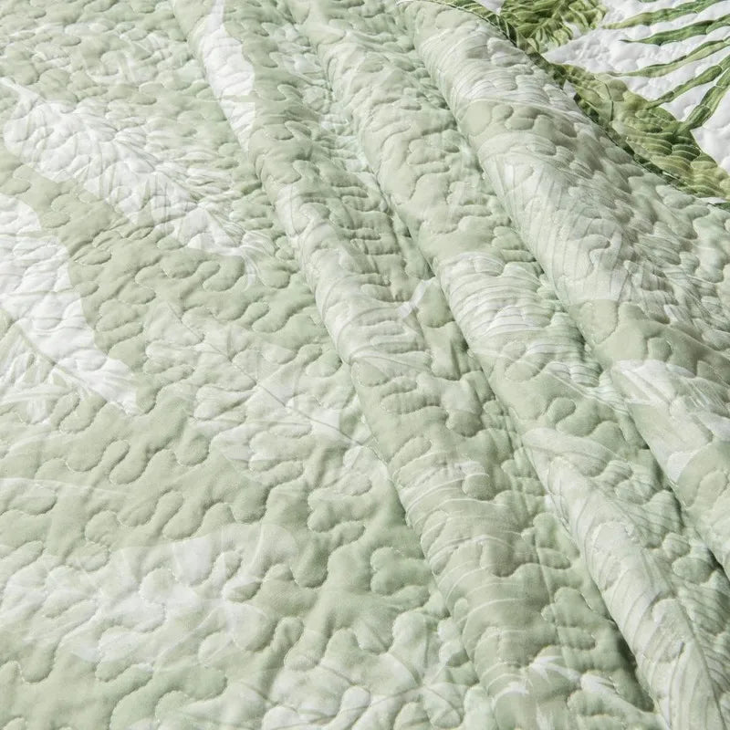 Home Tropical Plants Quilt Set King Size 3 Pieces Green Palm Leaves Rainforest Style Reversible Bedspread - Happy Home Retreat