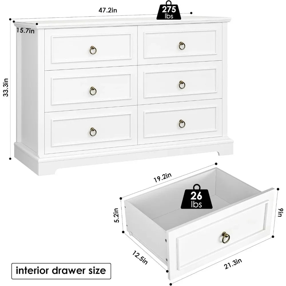 White 6 Drawer Dresser Modern Farmhouse Storage Chest Bedroom Furniture - Happy Home Retreat