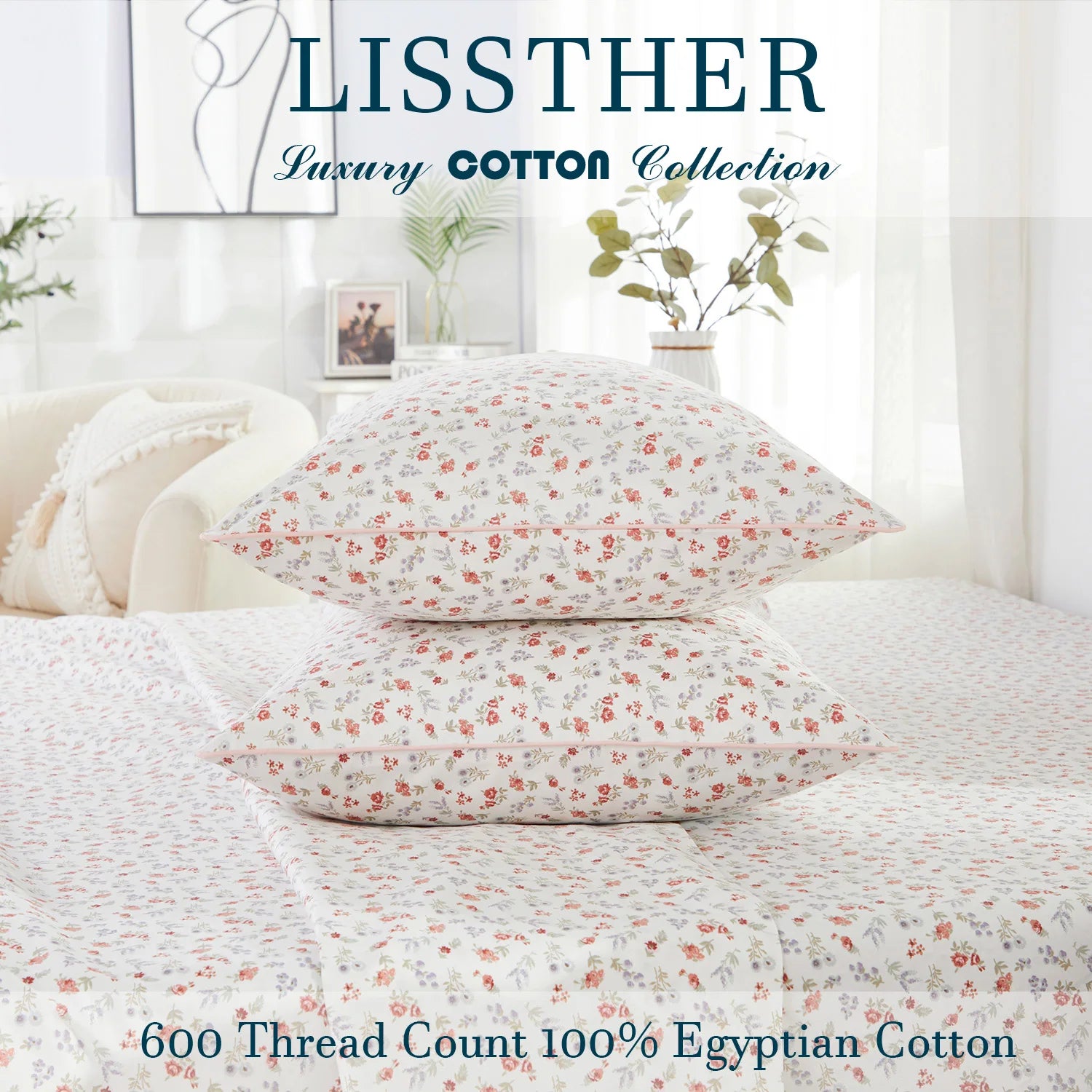 3pcs 600 TC 100% Egyptian Cotton Duvet Cover Set (Without Core), Tiny Garden Rose and Dandelion Floral, Soft And Skin-friendly - Happy Home Retreat