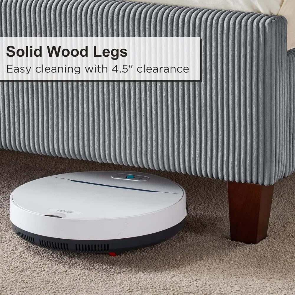 Howe Queen Size 61 Inch Corduroy Upholstered Bed Frame Platform Bed with Vertical Stripe Wingback Headboard No Box Spring Needed - Happy Home Retreat