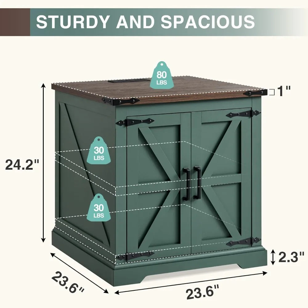 Farmhouse End Table With Charging Station Barn Door 24in - Happy Home Retreat