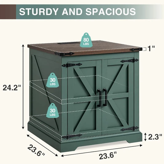 Farmhouse End Table With Charging Station Barn Door 24in - Happy Home Retreat