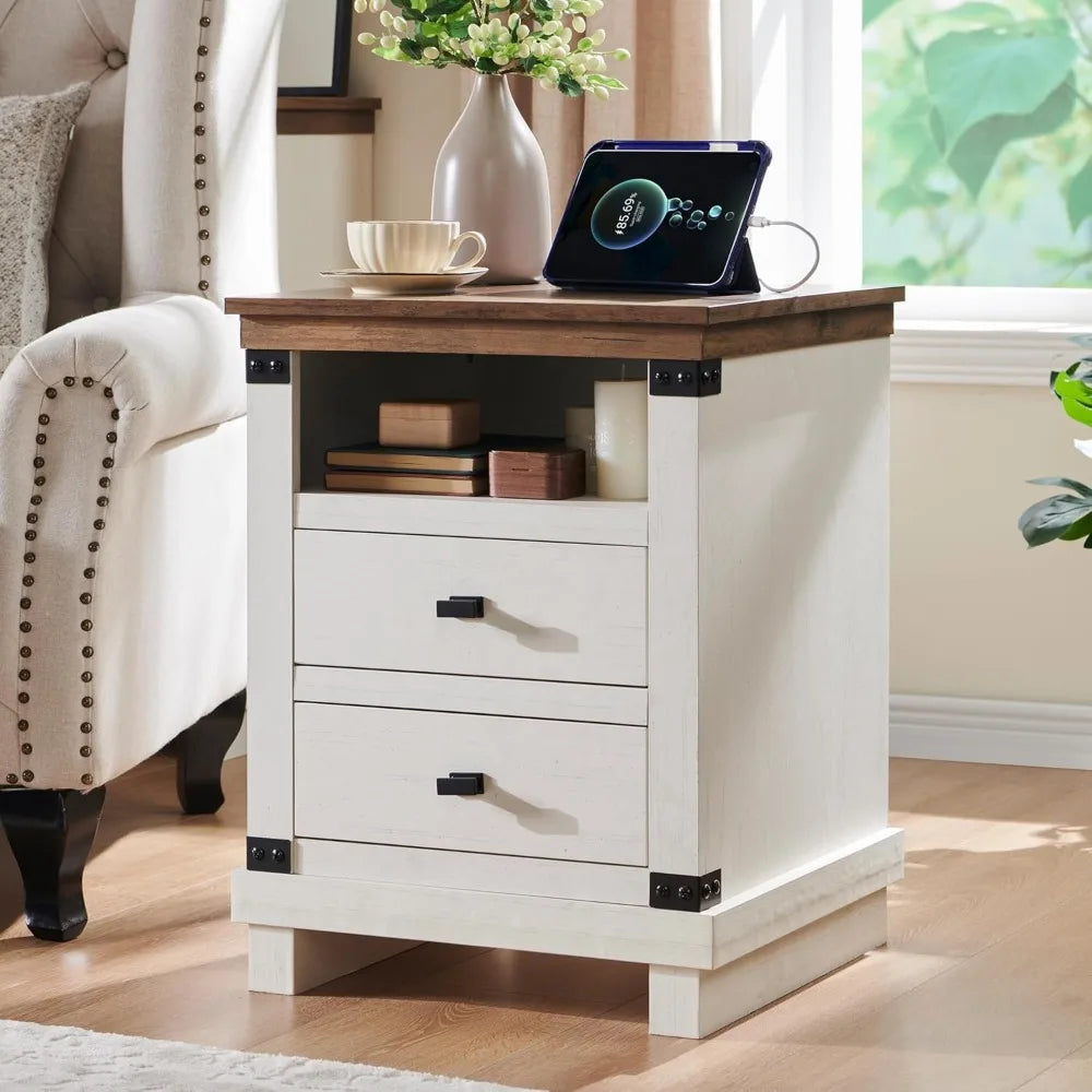 RedLemon Farmhouse Nightstand With Charging Station Drawers Wood Bedside Table - Happy Home Retreat