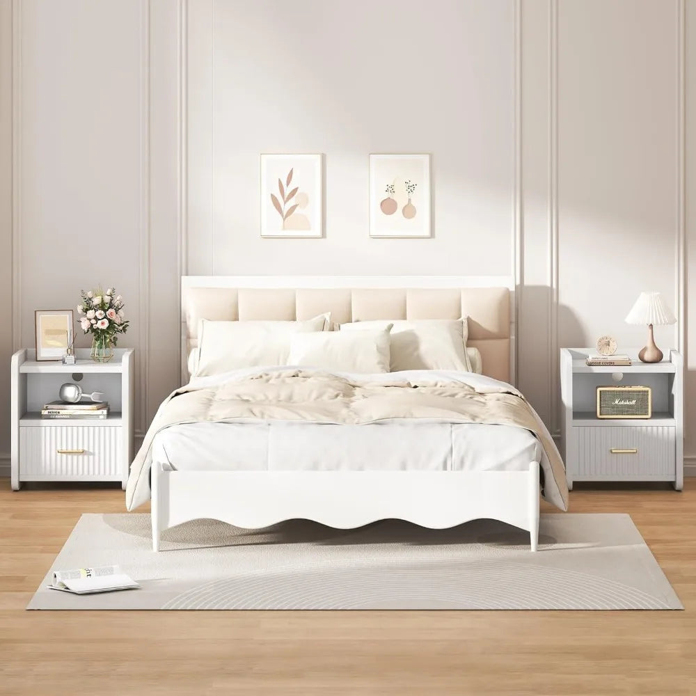 Night Stand With Charger Station Fluted Wood Drawer Storage Modern Bedside Table - Happy Home Retreat