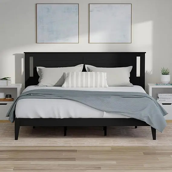 Serene Farmhouse Style King Size Wood Bed Frame with Horizontal Scoring Headboard Coastal Modern Design Sturdy Easy Assembly - Happy Home Retreat