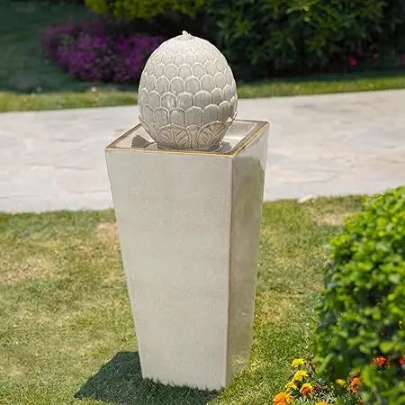Ceramic Outdoor Water Fountain With LED Light Oversized Artichoke Pedestal Water Fountain With Submersible Pump Patio Fountain - Happy Home Retreat