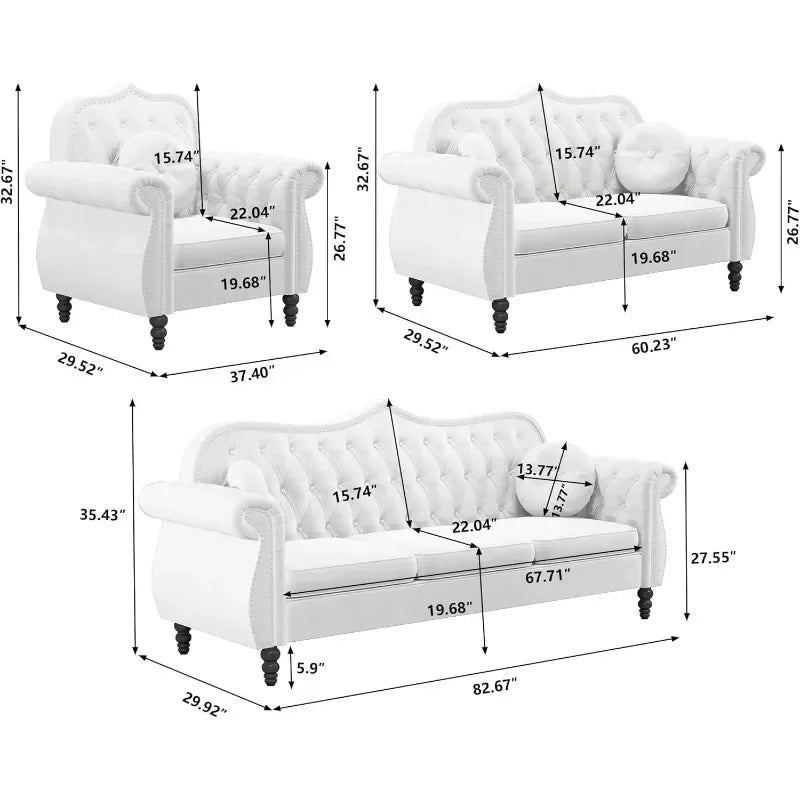 Chesterfield 3 Piece White Velvet Tufted Nailhead Sofa Set - Happy Home Retreat