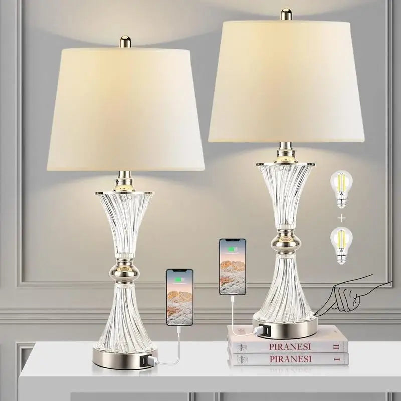 Dimmable Touch Control Table Lamps Set Of 2 With USB Ports White Drum Shade - Happy Home Retreat