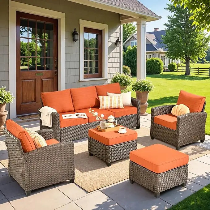 Patio Furniture Set 5 Pieces Outdoor Wicker Rattan Sofa with Chairs All Weather High Back Conversation Set - Happy Home Retreat