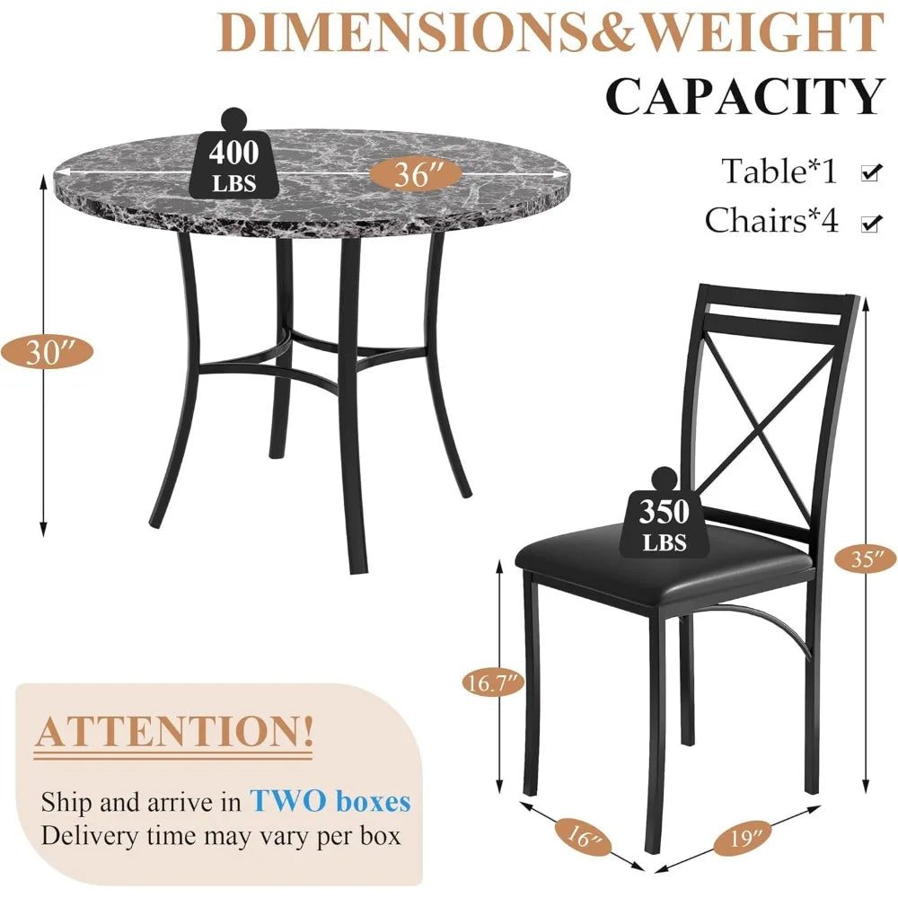 5 Piece Dining Table Set for 4 with Faux Marble Dinette Chairs - Happy Home Retreat