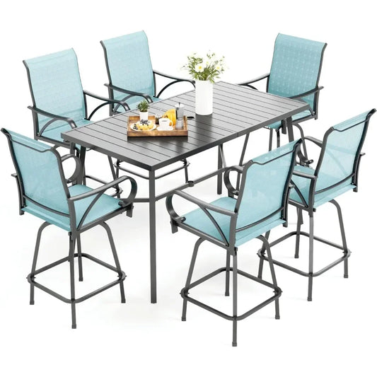 Patio Bar Set of 7 with Heavy Duty Metal Slat Bar Table and Sling Outdoor Bar Height Stools - Happy Home Retreat