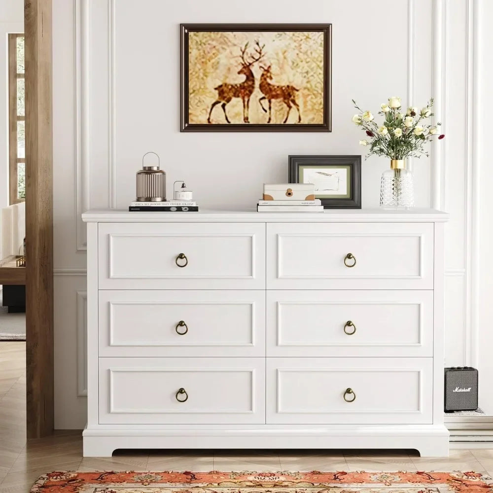 White 6 Drawer Dresser Modern Farmhouse Storage Chest Bedroom Furniture - Happy Home Retreat