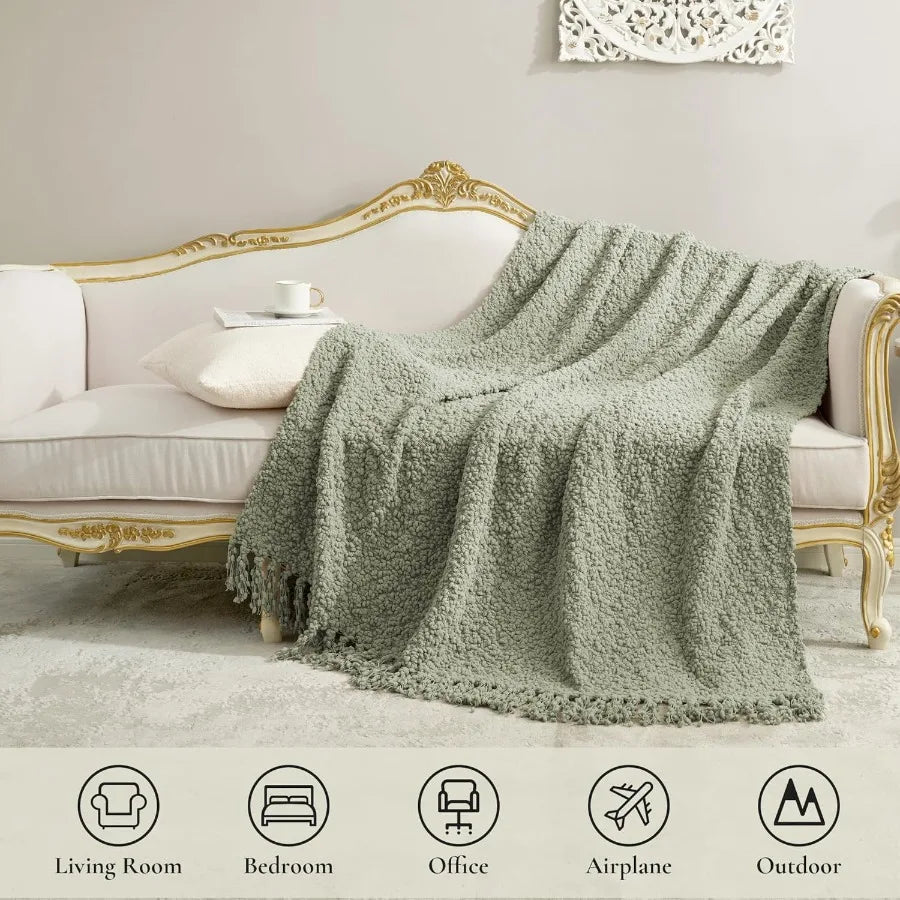 Home Knit Throw Blanket with Tassels for Couch Luxury Boho Throw Blanket Summer Sage Green 50x60 - Happy Home Retreat