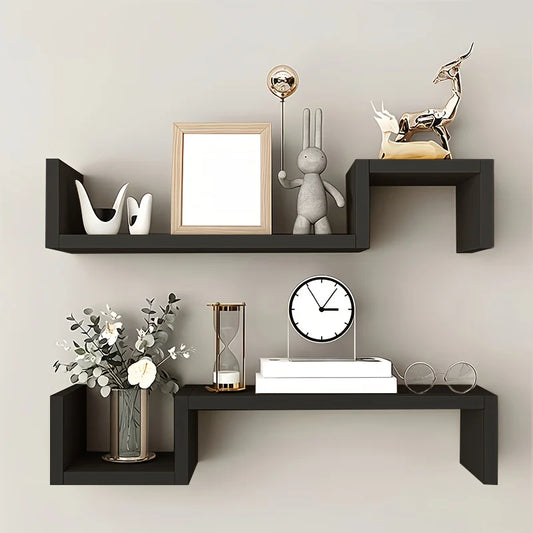 2 PCS Floating Wall Shelf Partition Strong Load Bearing Capacity Simple Installation Eco Friendly Wood Storage Holders and Racks - Happy Home Retreat