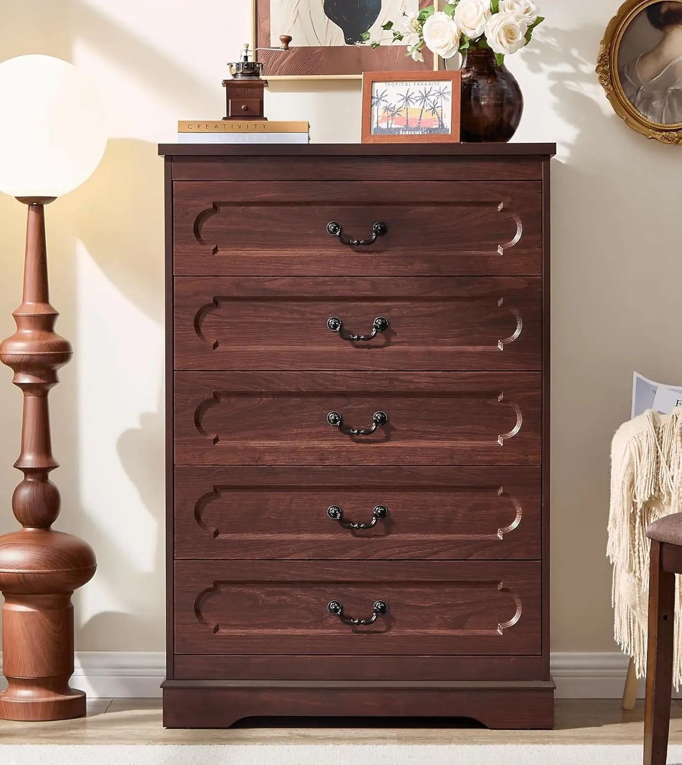 Farmhouse Cherry Wood Dresser Chest Of Drawers For Bedroom Rustic Wide Drawers - Happy Home Retreat