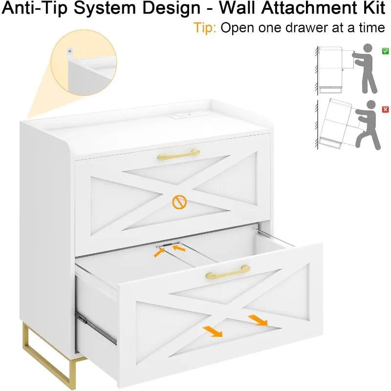 File Cabinet 2 Drawers Lateral File Cabinet with Charging Station for Letter Legal A4 Size Hanging Files White and Gold - Happy Home Retreat