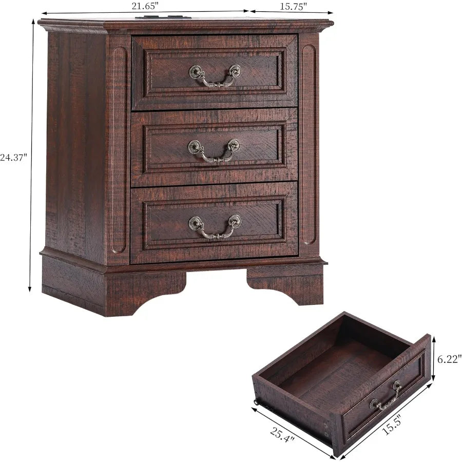 Dark Brown Wooden Bedside Table With Charging Station And 3 Drawers - Happy Home Retreat