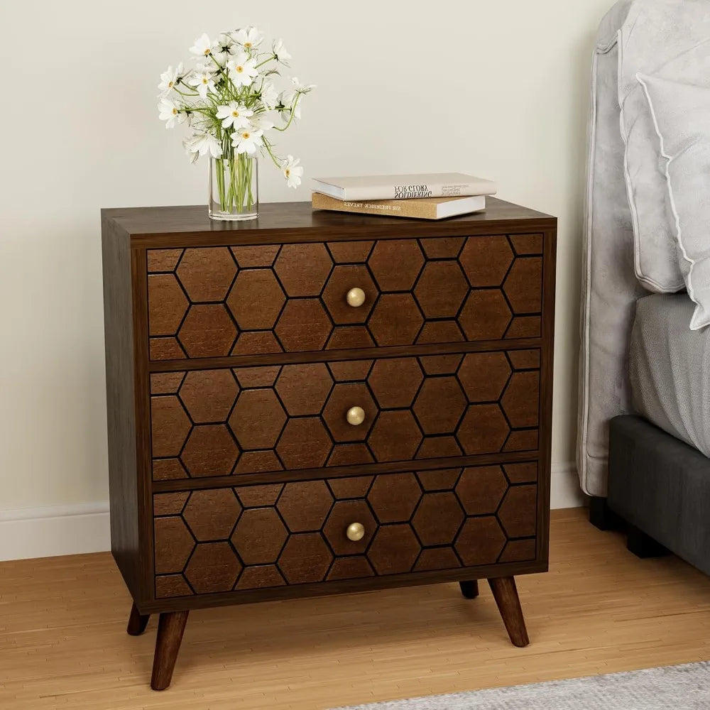 3 Drawer End Table Mid Century Chest of Drawers with Honeycomb Pattern Nightstand with Storage Drawers Wooden Dresser Nightstand - Happy Home Retreat