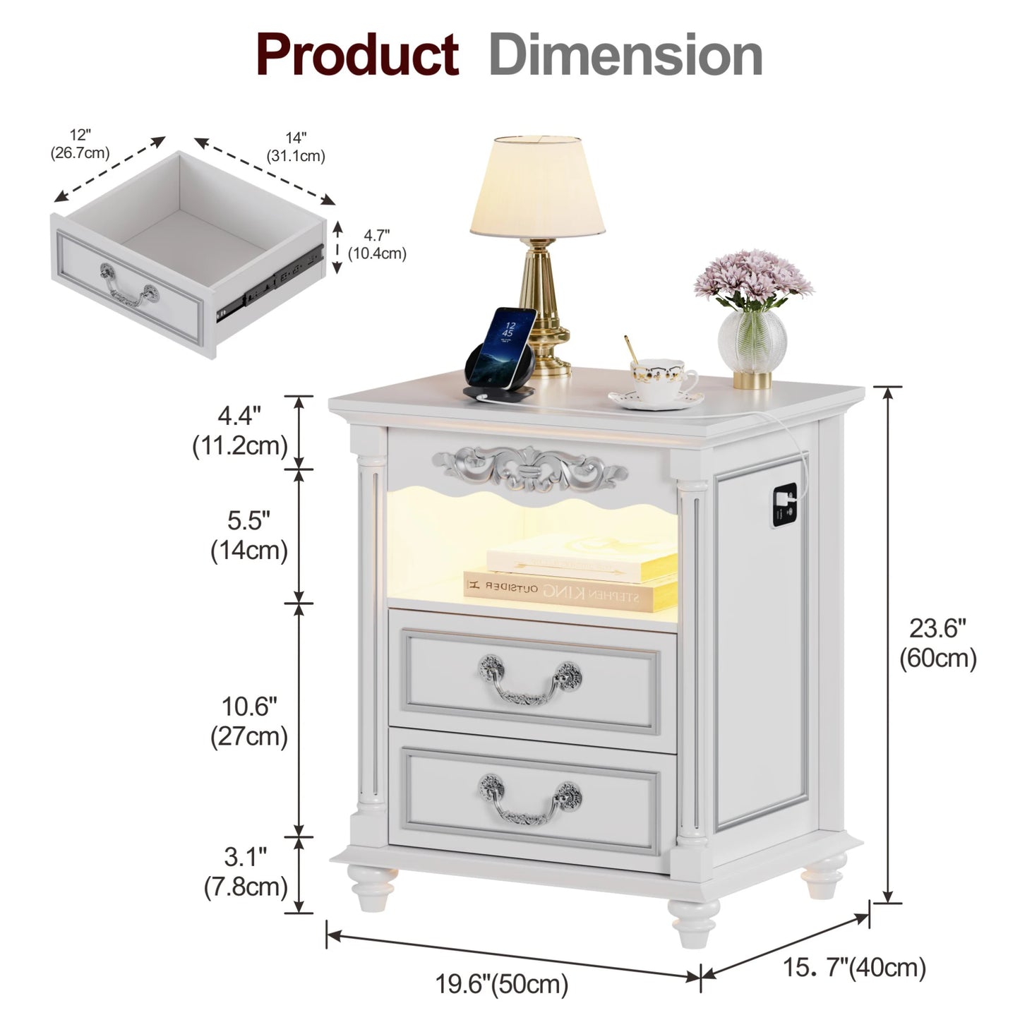 JDPAG Farmhouse Nightstand Gun Drawer 20 Inch Vintage Bedside Table LED Lights - Happy Home Retreat