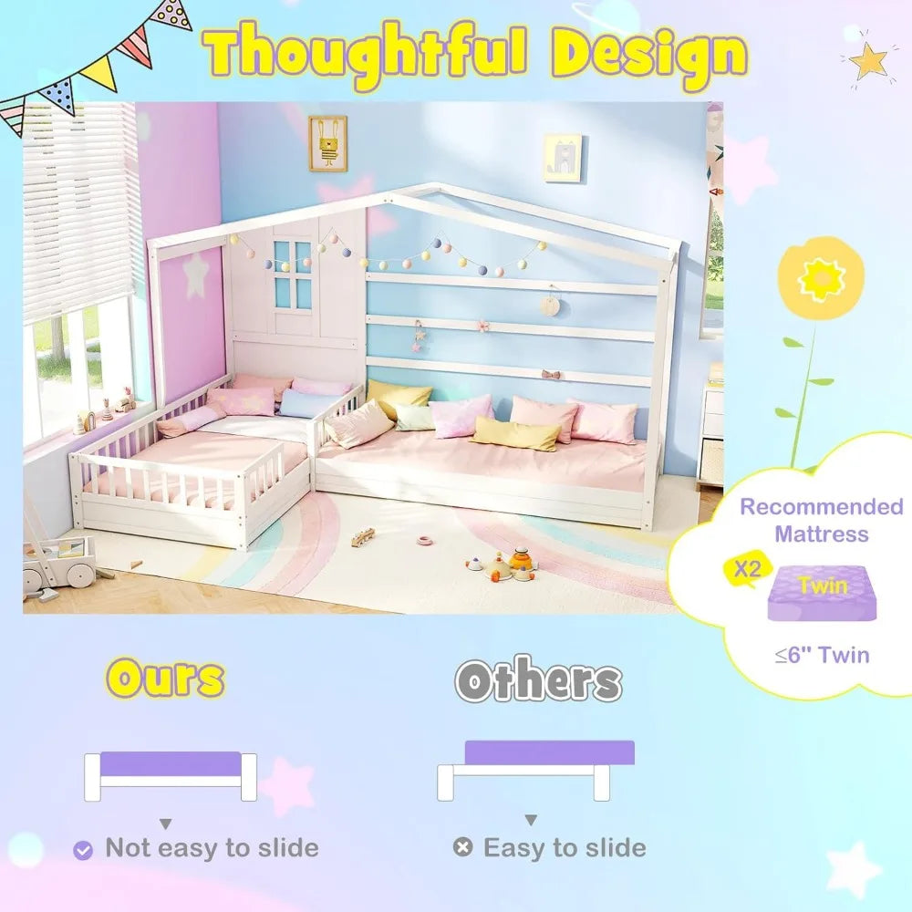 L Shaped Twin Bed For Kids Wooden House Platform Bed With Window Roof Montessori - Happy Home Retreat