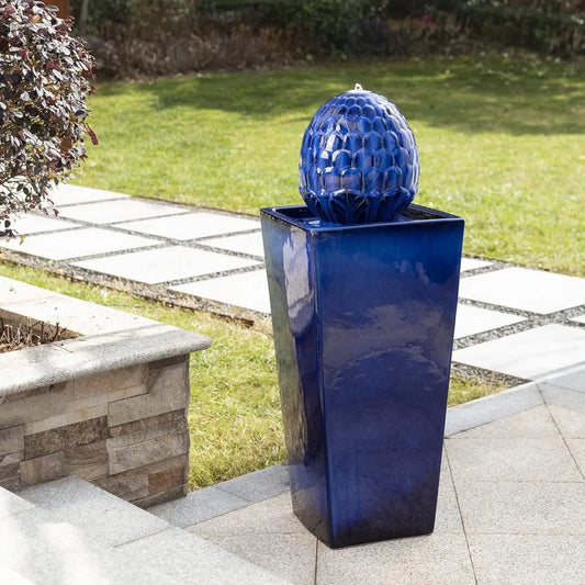 Ceramic Outdoor Water Fountain With LED Light Oversized Artichoke Pedestal Water Fountain With Submersible Pump Patio Fountain - Happy Home Retreat