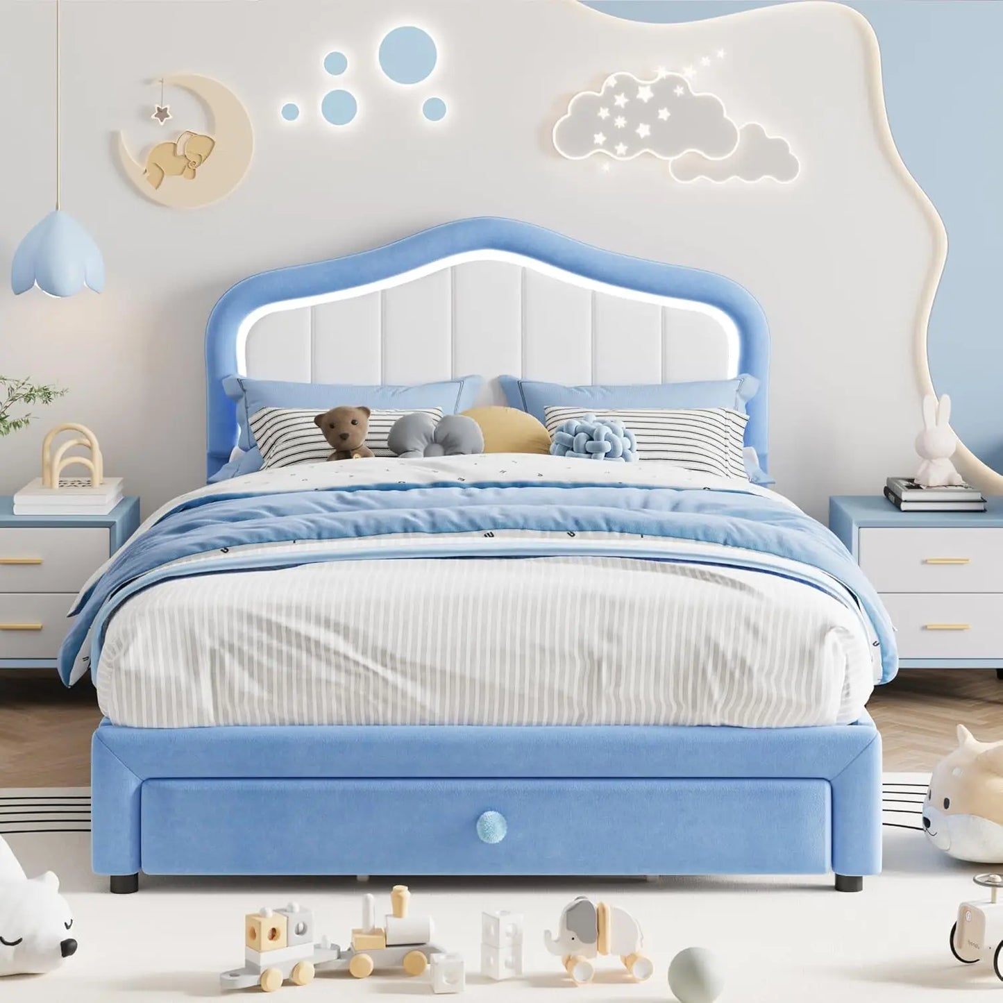 Kids Upholstered Platform Bed Frame With LED Crown Headboard Velvet Fabric - Happy Home Retreat