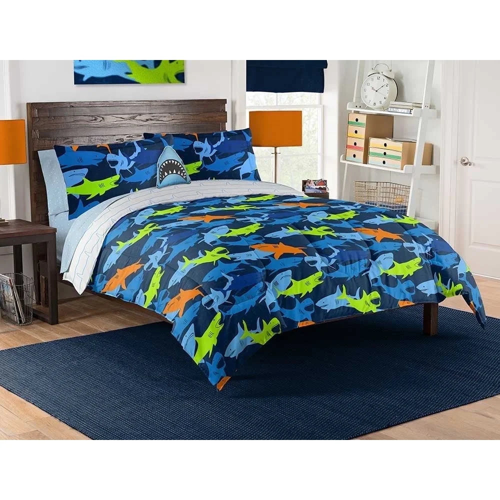 Kids Shark Adventure Full Bed In A Bag Set With Comforter Decorative Pillow 8 Piece Microfiber Bedding - Happy Home Retreat