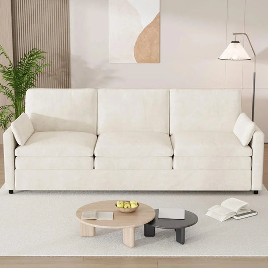 89" Sofa Couch for Living Room 3 Seats Chenille Futon Sofa with 2 Removable Pillows, Cream White - Happy Home Retreat