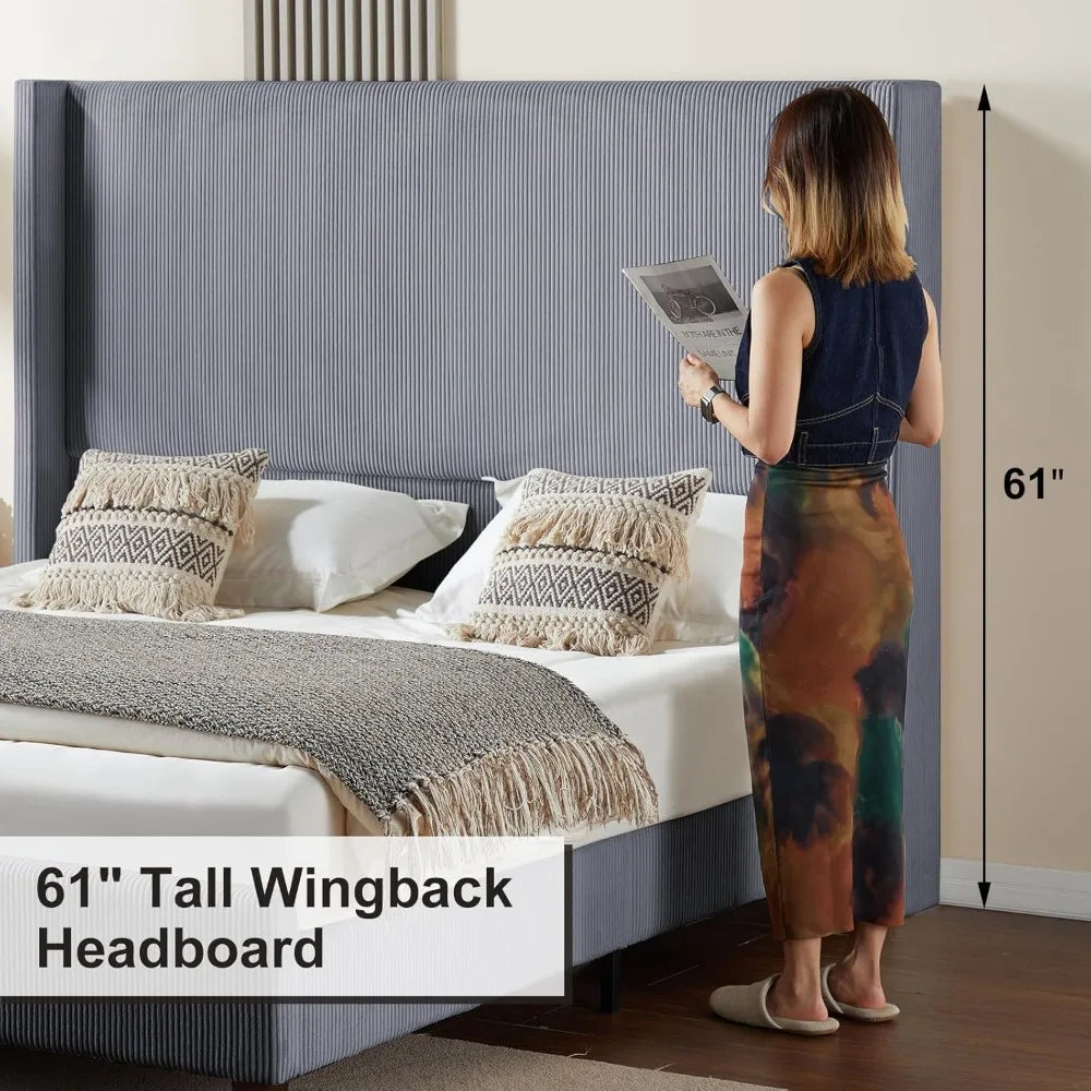 Howe Queen Size 61 Inch Corduroy Upholstered Bed Frame Platform Bed with Vertical Stripe Wingback Headboard No Box Spring Needed - Happy Home Retreat
