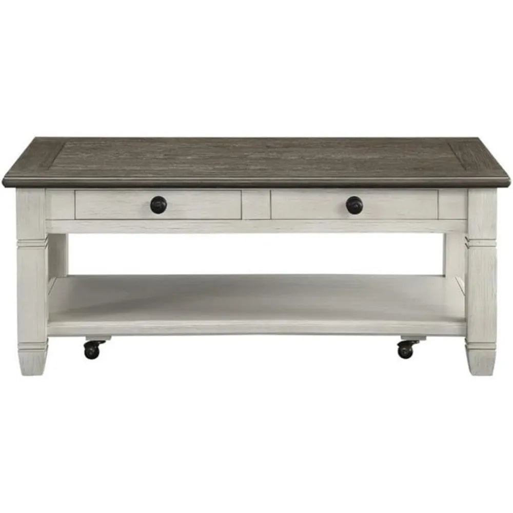 Granby Wood 2 Drawer Coffee Table in Antique White with Rosy Brown Finish - Happy Home Retreat