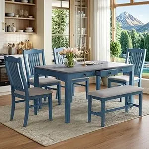 6 Piece Solid Wood Dining Table Set with 4 Upholstered Chairs Bench and Storage Drawers Butter Milk - Happy Home Retreat