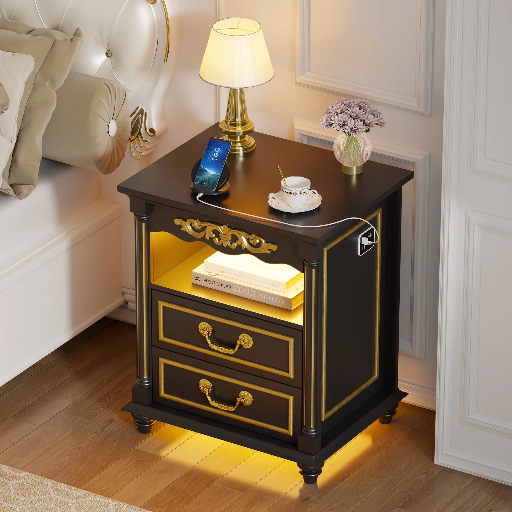 JDPAG Farmhouse Nightstand Gun Drawer 20 Inch Vintage Bedside Table LED Lights - Happy Home Retreat