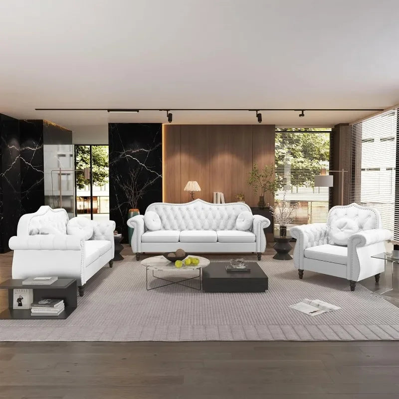 Chesterfield 3 Piece White Velvet Tufted Nailhead Sofa Set - Happy Home Retreat