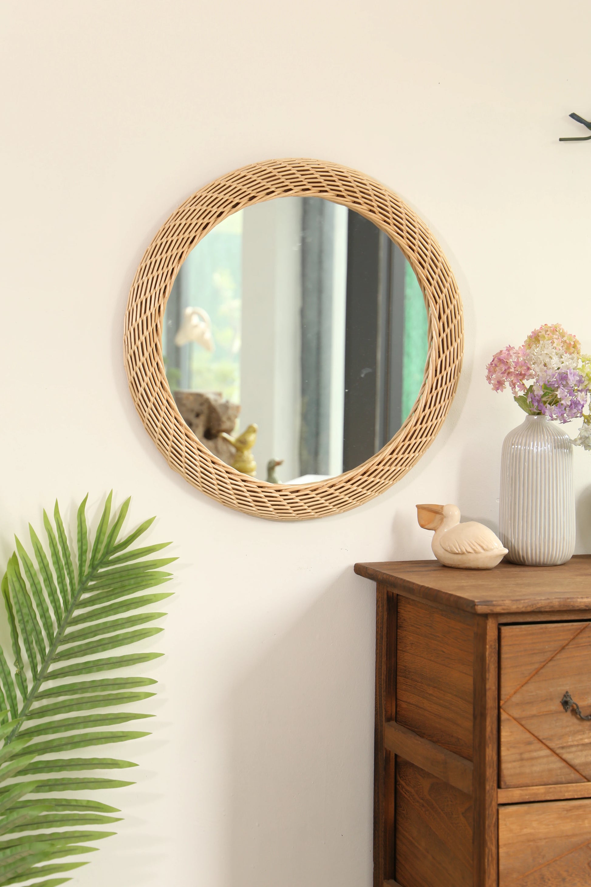 Nordic Rattan Wall Mirror Handwoven Boho Vanity Decor Rustic Living Room - Happy Home Retreat
