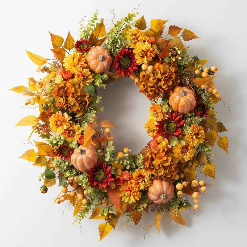 Fall Pumpkin Berry Maple Leaf Wreath 45cm Front Door Decor - Happy Home Retreat