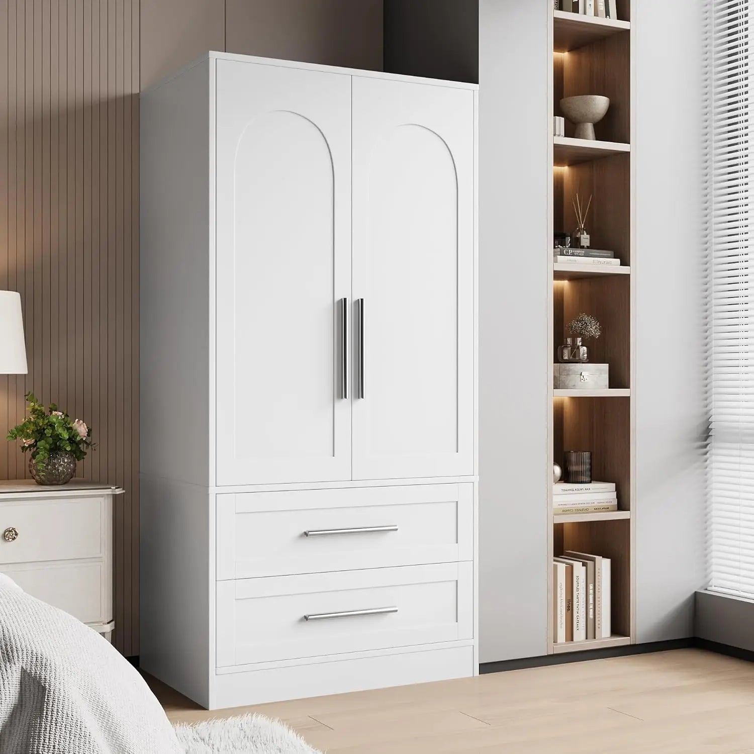 Armoire Wardrobe Closet with2Drawers Modern Wooden Bedroom Armoire with Doors Clothing Storage Cabinet with Aluminum Hanging Rod - Happy Home Retreat