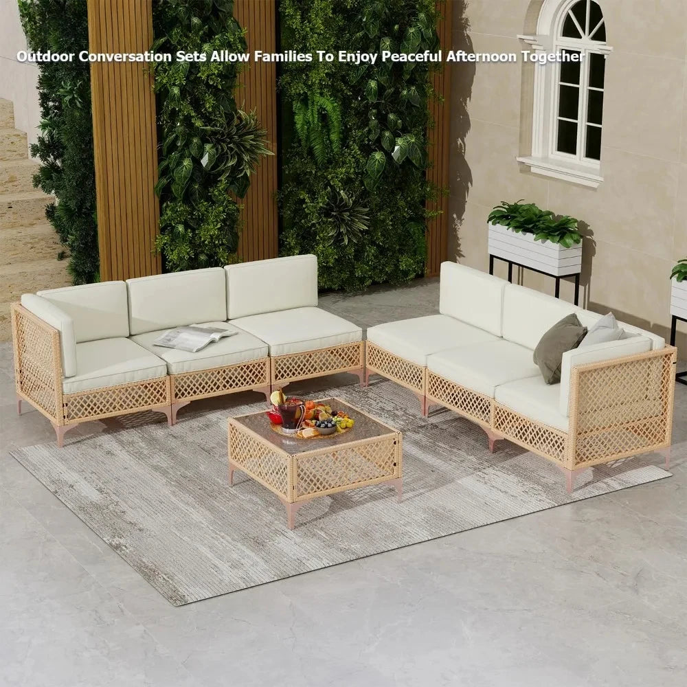 7 Piece Outdoor Patio Furniture Set Wicker Sectional Couch with Glass Table and Cushions - Happy Home Retreat