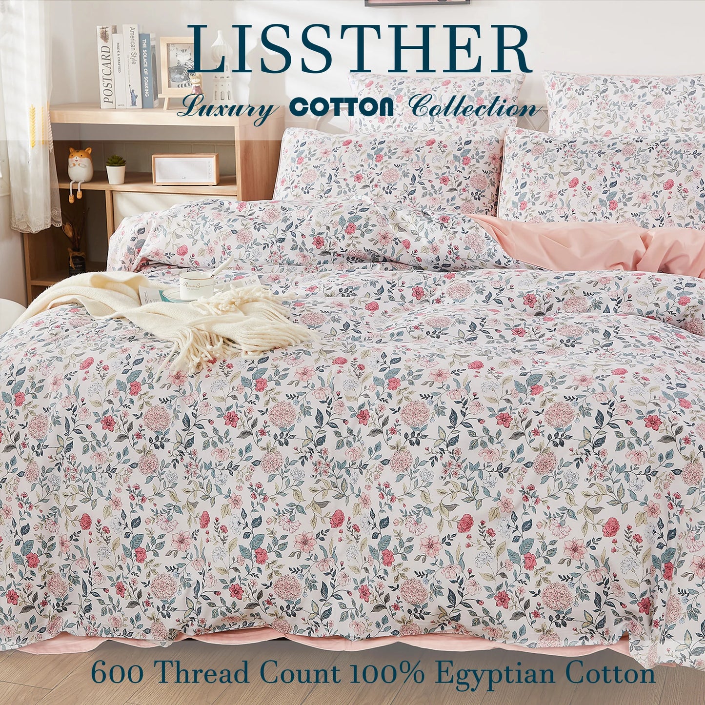 3pcs 600TC 100% Egyptian Cotton Duvet Cover Set, Luxury Vintage Shabby Chic Floral, Soft Skin-Friendly (No Inserts) - Happy Home Retreat