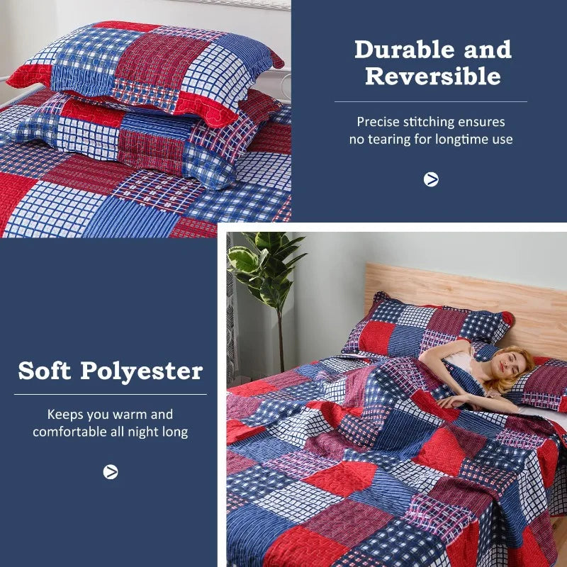 Plaid Quilt Set Queen Bedspread Coverlet Red Blue White Patchwork Soft Lightweight Bedding with 2 Pillow Shams - Happy Home Retreat