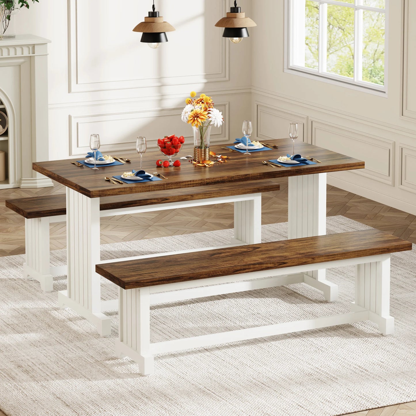 Tribesigns 47 Inch Dining Table Set for Two with Two Benches Farmhouse Wood - Happy Home Retreat