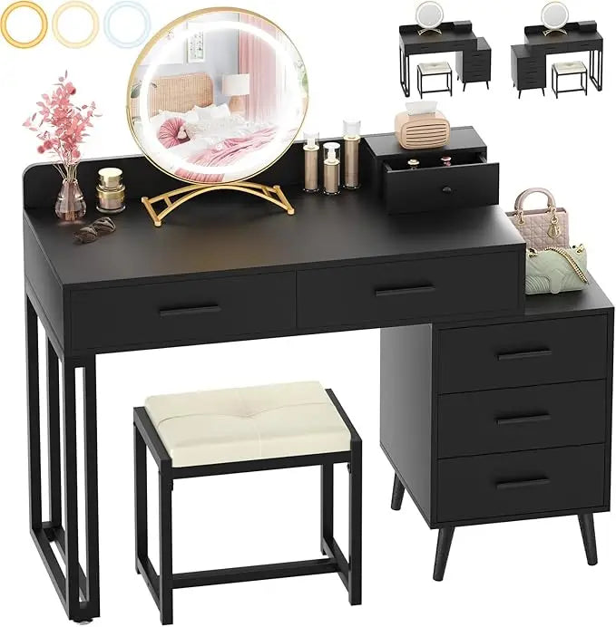 Pink Vanity Desk Set With Mirror And Lights 6 Drawers Cushioned Stool - Happy Home Retreat