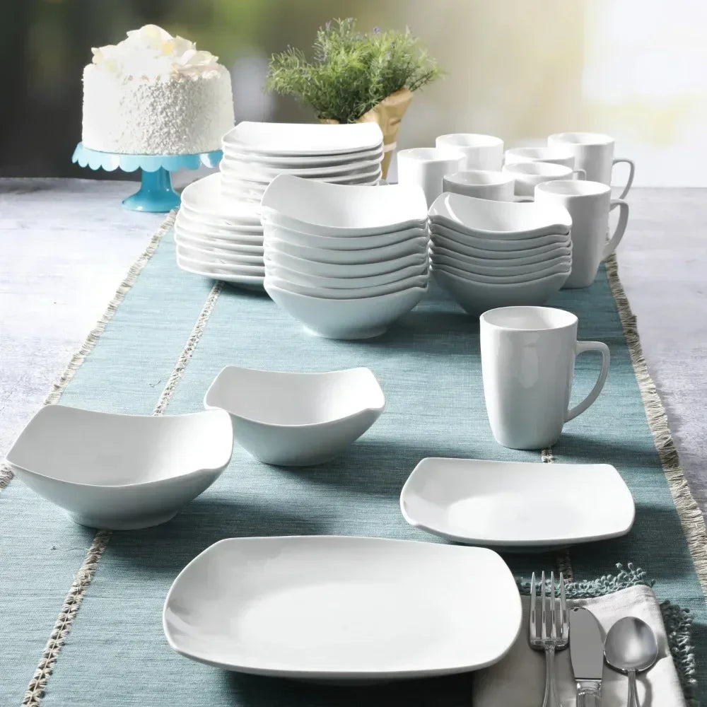 Everyday Square Expanded 40-Piece Dinnerware Set for Dining Table with Bowls and Plates - Happy Home Retreat