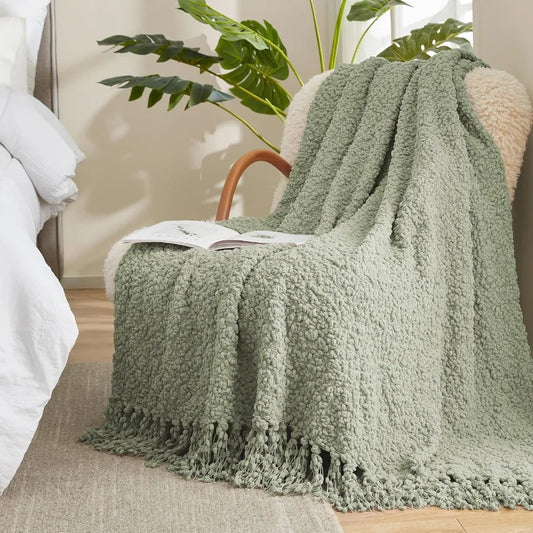 Home Knit Throw Blanket with Tassels for Couch Luxury Boho Throw Blanket Summer Sage Green 50x60 - Happy Home Retreat