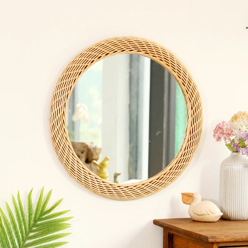Nordic Rattan Wall Mirror Handwoven Boho Vanity Decor Rustic Living Room - Happy Home Retreat