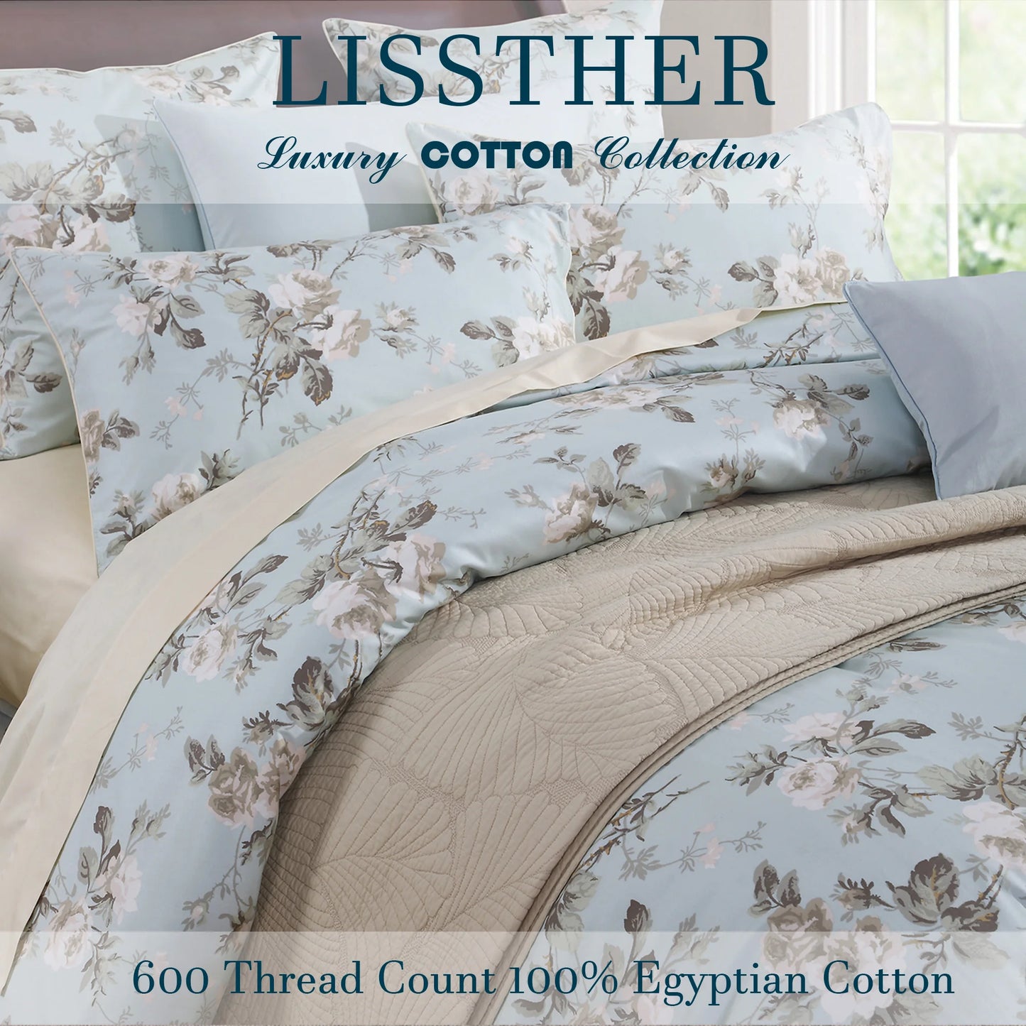 3pcs 600TC 100% Egyptian Cotton Duvet Cover Set, Vintage Blue Gray Floral, Soft Breathable Skin-Friendly (No Inserts) - Happy Home Retreat