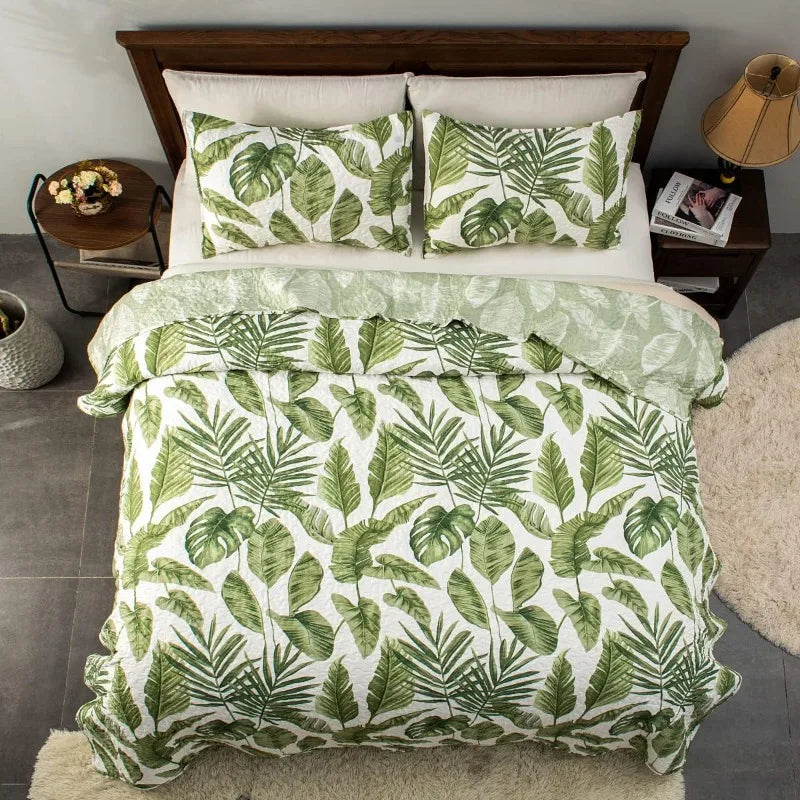 Home Tropical Plants Quilt Set King Size 3 Pieces Green Palm Leaves Rainforest Style Reversible Bedspread - Happy Home Retreat